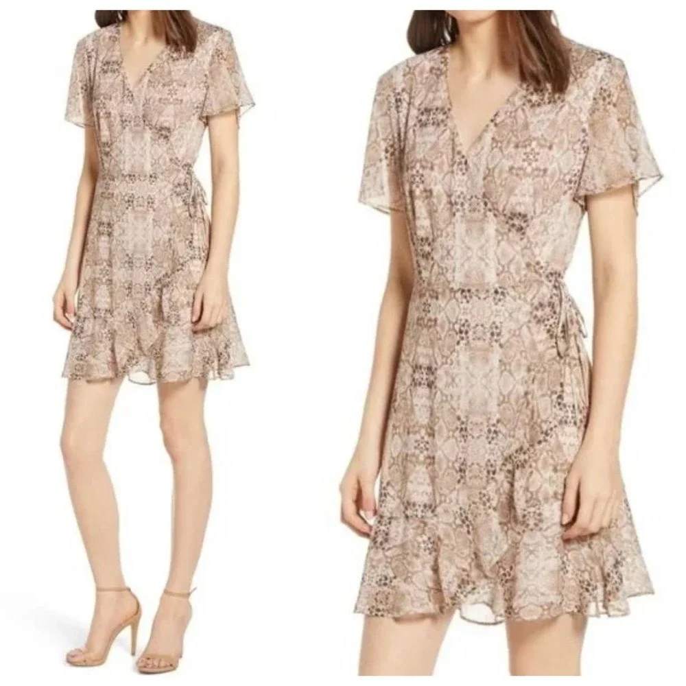 All in Favor ISABELLA Neutral Beige Snakeskin Short Sleeve Wrap Dress XL NWT - Picture 14 of 14